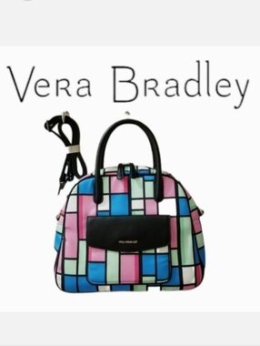 Vera Bradley Exotic Floral Grid Pink & Blue Colorblock Bowler Satchel Bag RARE